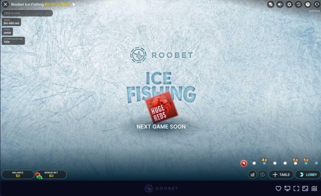 Current image: Roobet Ice Fishing screen, going into the Huge Reds round